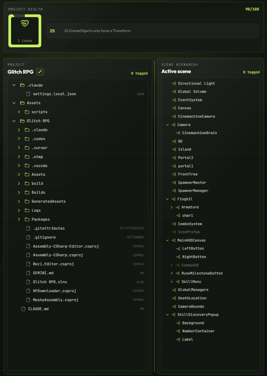 GUMO project tree and live Unity scene hierarchy