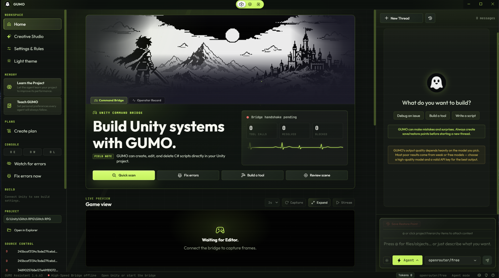 GUMO desktop app running in Unity mode with command bridge, live preview, and agent chat